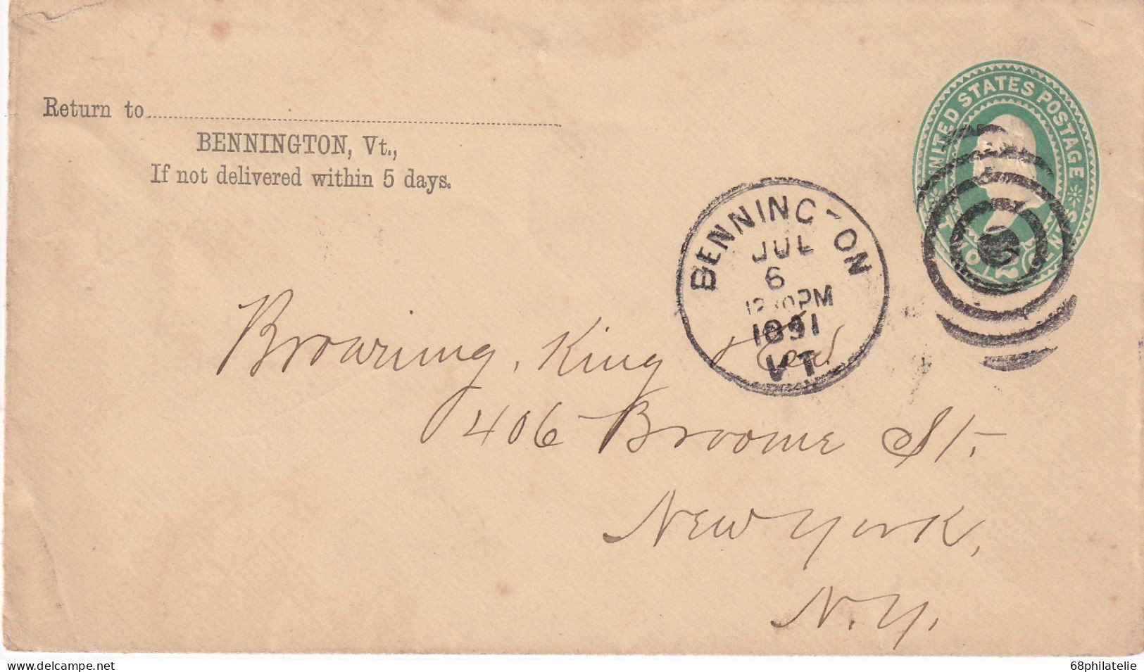 ETATS UNIS ENTIER POSTAL DE BENNINGTON 1891 - ...-1900