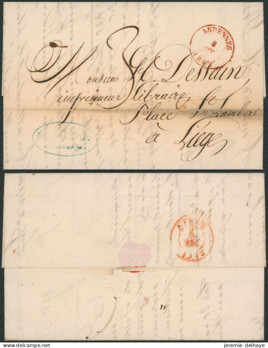 Précurseur - LAC Datée De Andennes (illustré, 1842) + Griffe PP Et Franco (par Barque) > Liège / Cockerill - 1830-1849 (Belgique Indépendante)