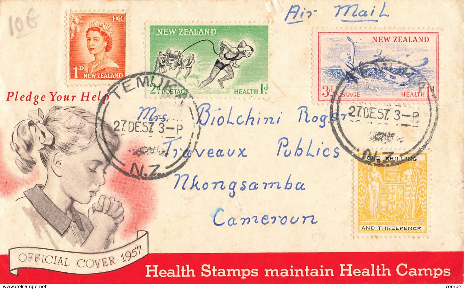 NOUVELLE ZELANDE. LETTRE. 1957. PLEDGE YOUR HELP. TEMUKA POUR NKONGSAMBA. CAMEROUN - Storia Postale