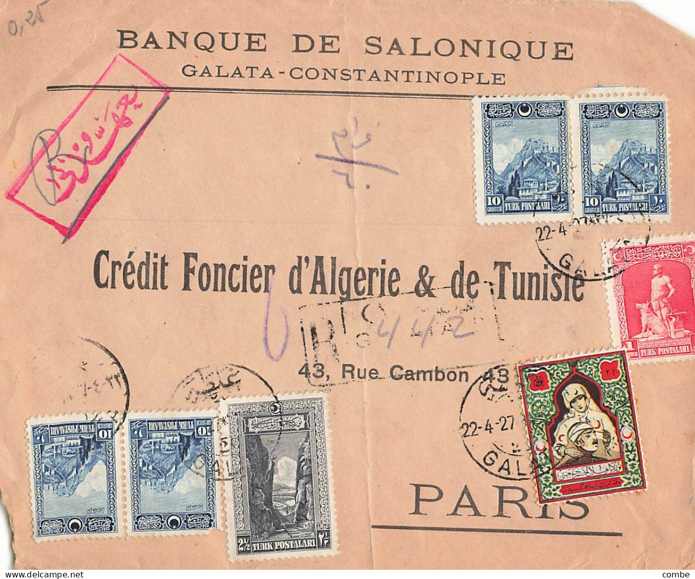 TURQUIE. LETTRE. DEVANT. BANQUE DE SALONIQUE. GALATA. RECOMMANDE POUR PARIS - Covers & Documents