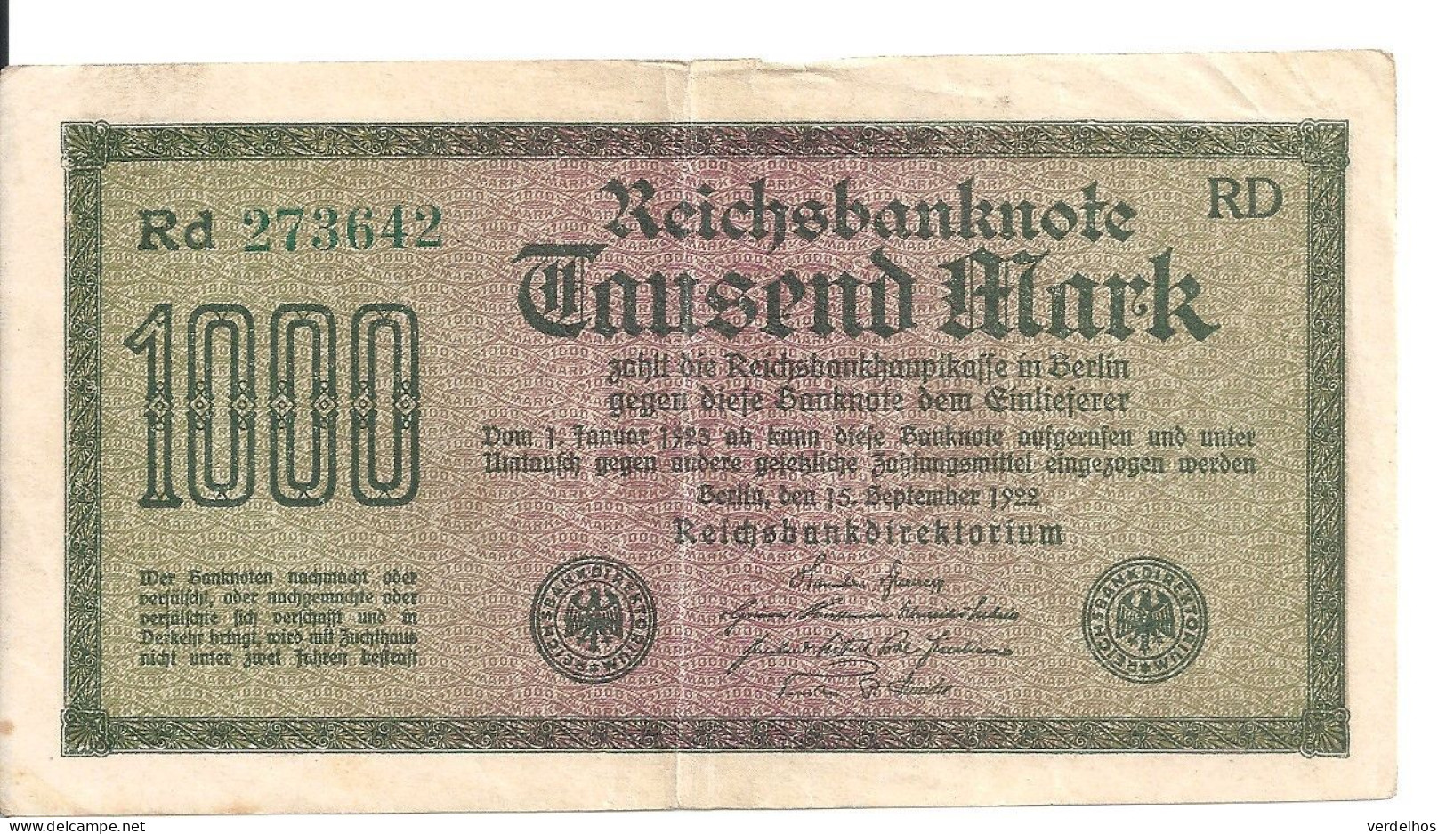 ALLEMAGNE 1000 MARK 1922 VF+ P 76 - 1000 Mark