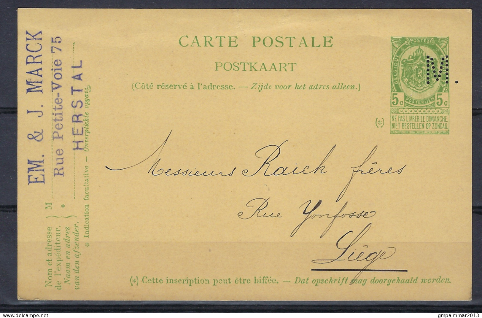 PERFIN " M. "  EM & J MARCK Op Postkaart Van HERSTAL Naar LIEGE In 1906 ; Details Zie 2 Scans ! LOT 273 - 1863-09