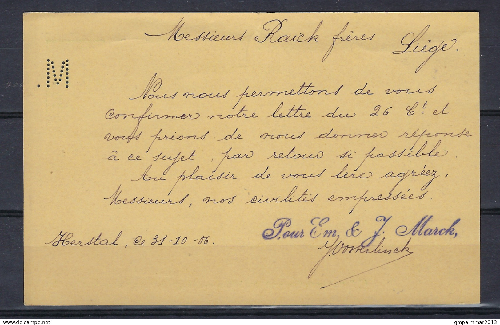 PERFIN " M. "  EM & J MARCK Op Postkaart Van HERSTAL Naar LIEGE In 1906 ; Details Zie 2 Scans ! LOT 273 - 1863-09