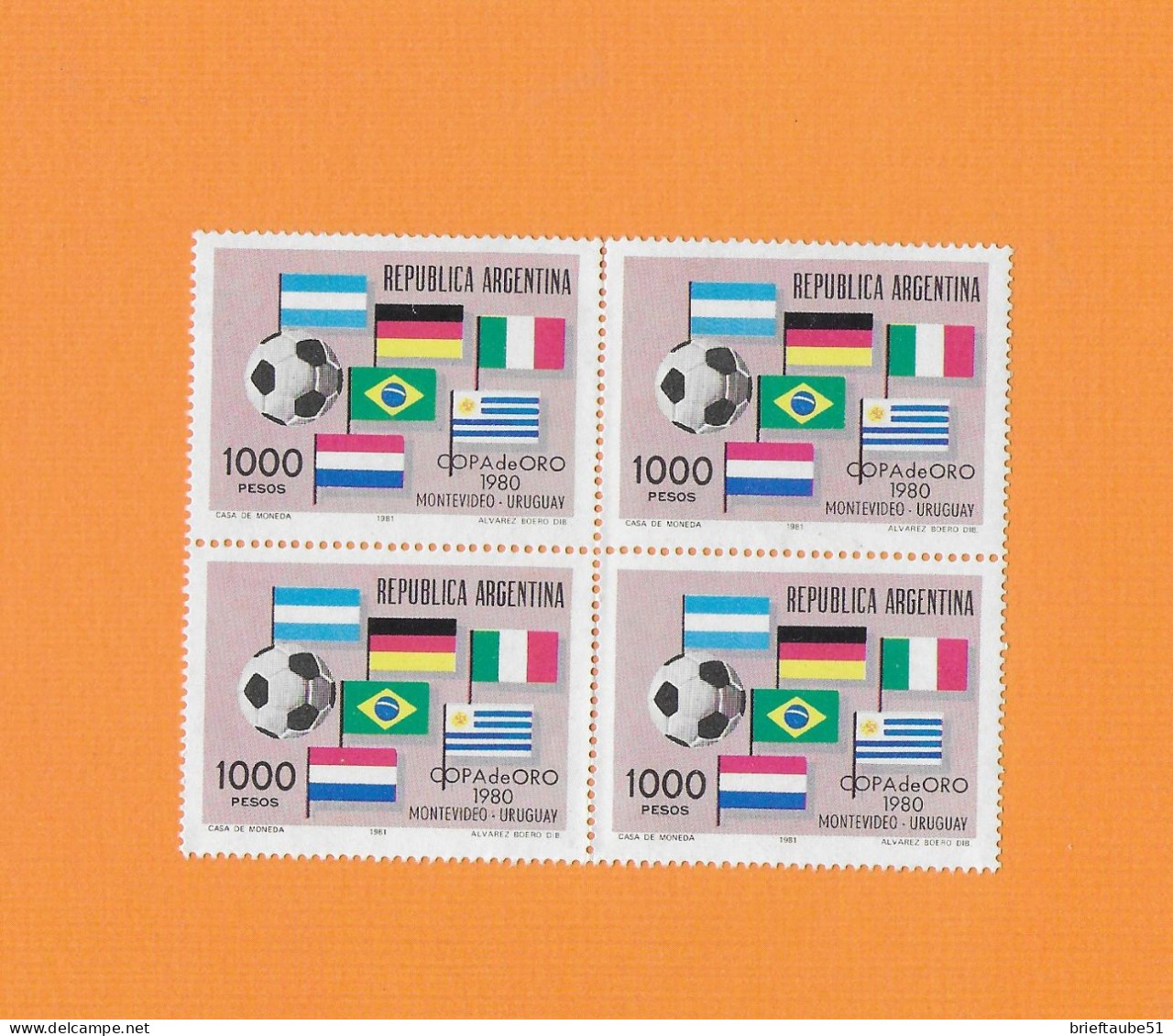 ARGENTINIEN  1981  MNH (**)  Mi.-Nr. 1502 (Viererblock) = Fußball-Goldpokal Uruguay= - Soccer American Cup