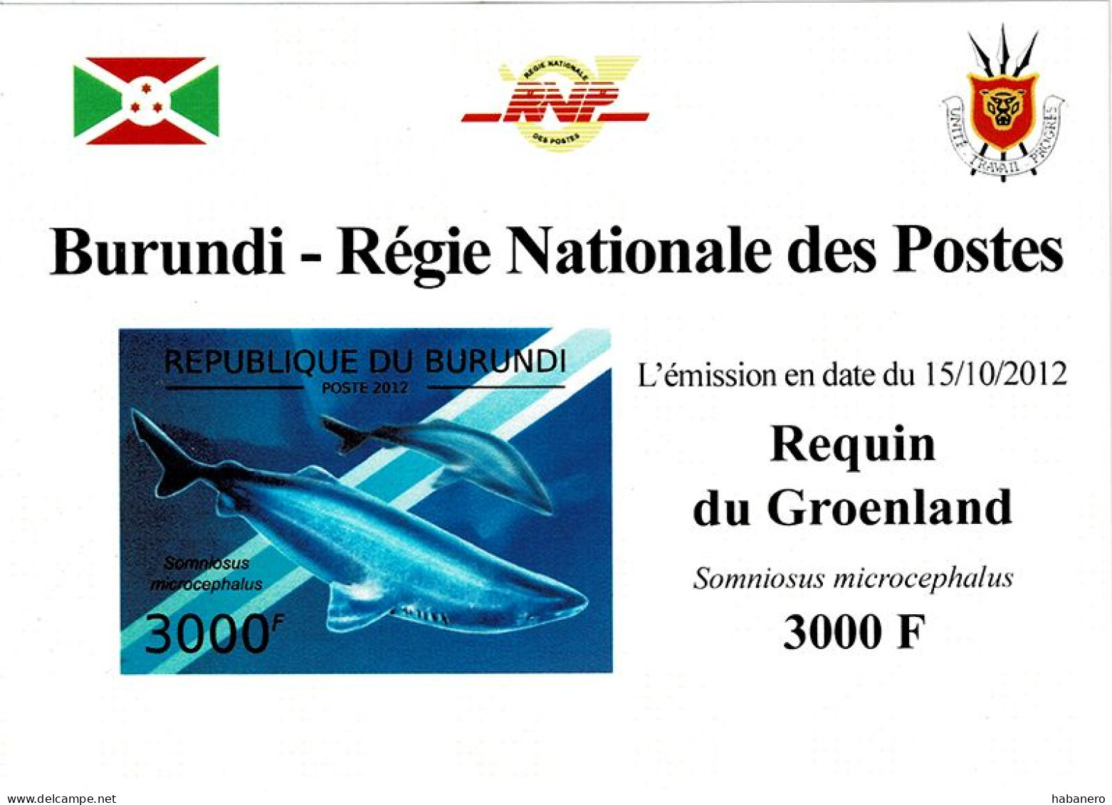 BURUNDI 2012 Mi 2637B GREENLAND SHARK MINT IMPERFORATED MINIATURE SHEET ** - Blocs-feuillets