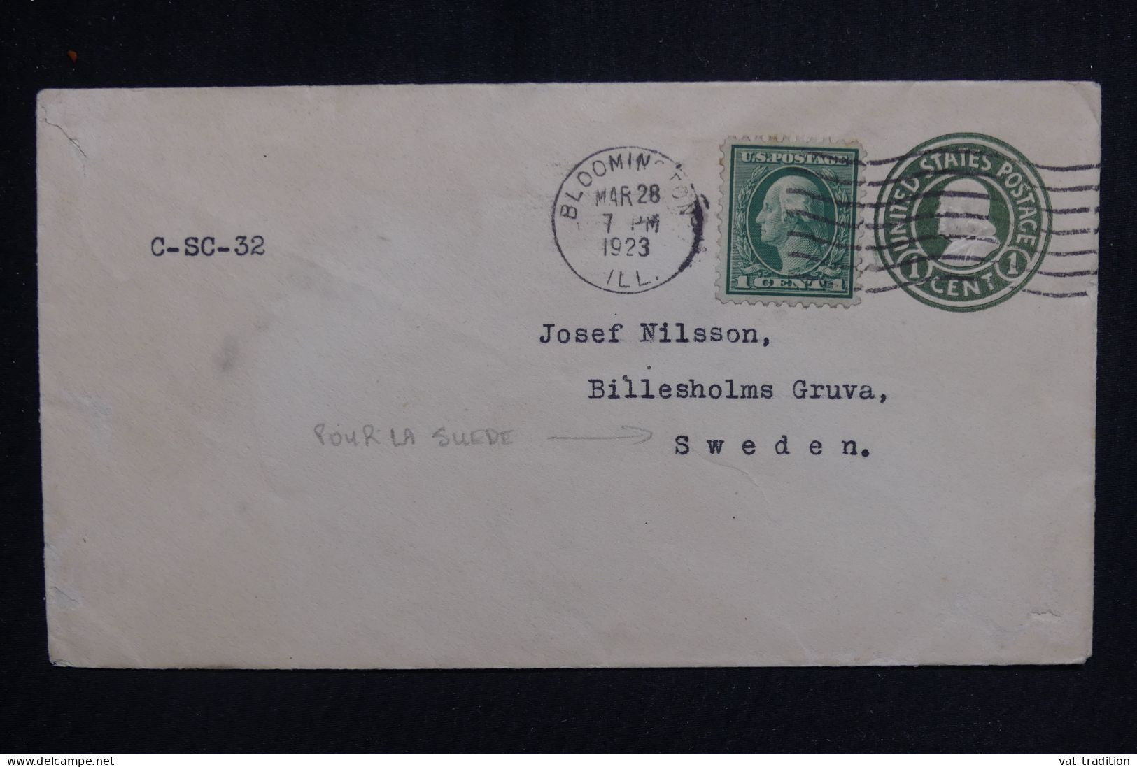 ETATS UNIS - Entier Postal + Complément De Bloominston Pour La Suède En 1923 - L 143369 - 1921-40