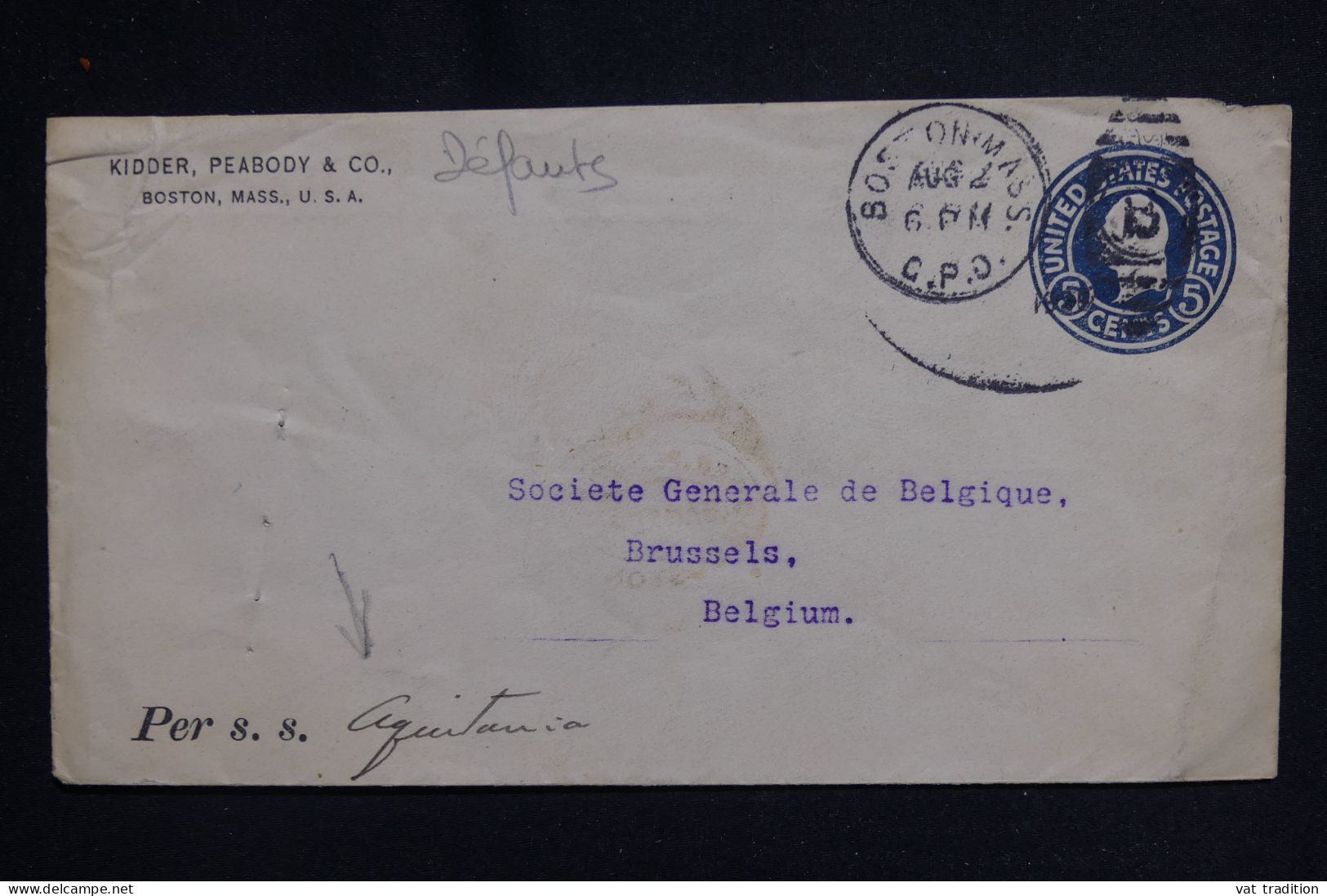 ETATS UNIS - Entier Postal De Boston Pour La Belgique Par Le S/S Aquitania - L 143370 - 1901-20