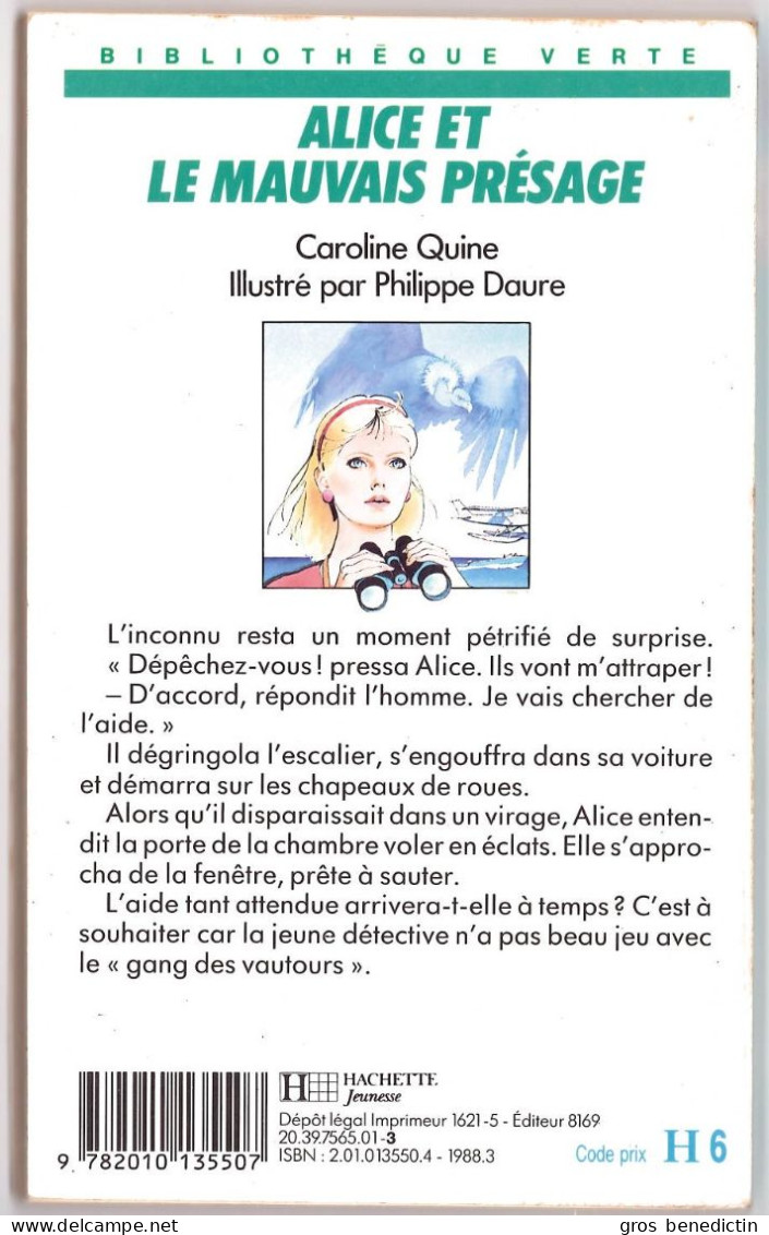 Hachette - Bibliothèque Verte N°442 - Caroline Quine - "Alice Et Le Mauvais Présage" - 1988 - #Ben&Alice - Biblioteca Verde