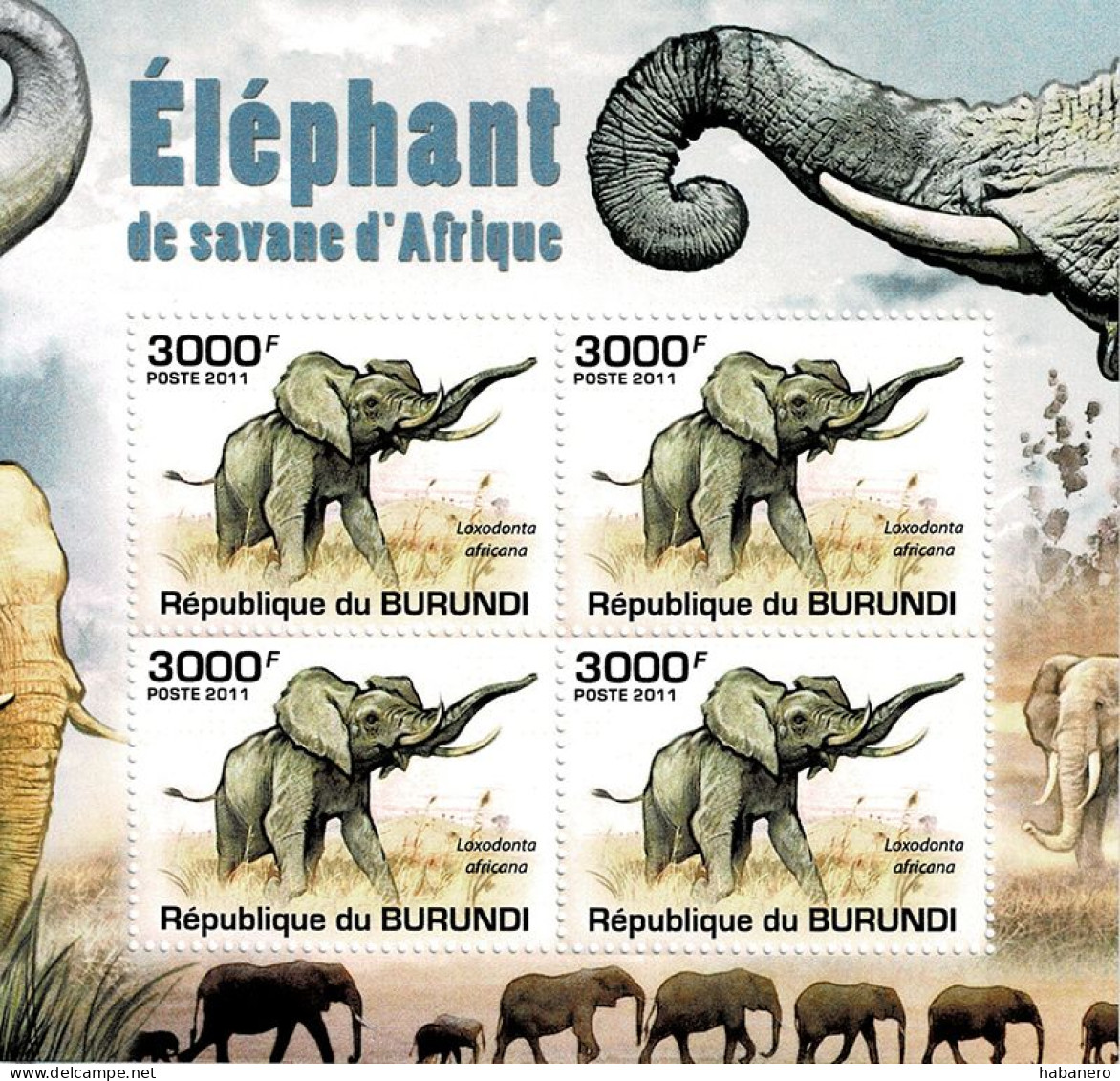 BURUNDI 2011 Mi 2036A AFRICAN SAVANNA ELEPHANT MINT MINIATURE SHEET ** - Blocs-feuillets