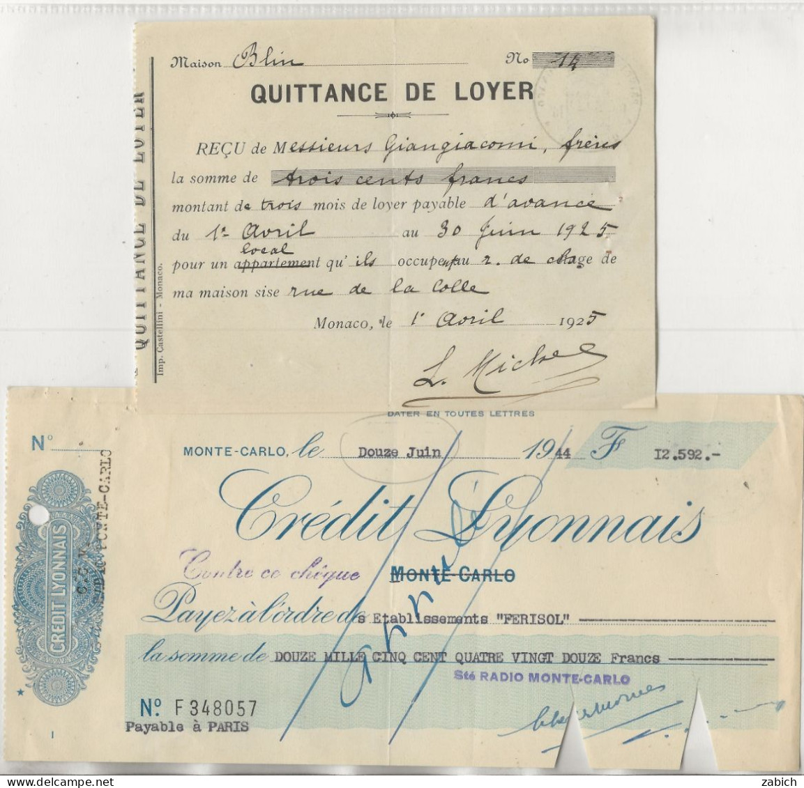 FISCAUX  MONACO  2 Timbres Humides "QUITTANCES " Et "quittance" Sur Recus Credit Foncier De Monaco  Et  Credit Lyonnais - Steuermarken