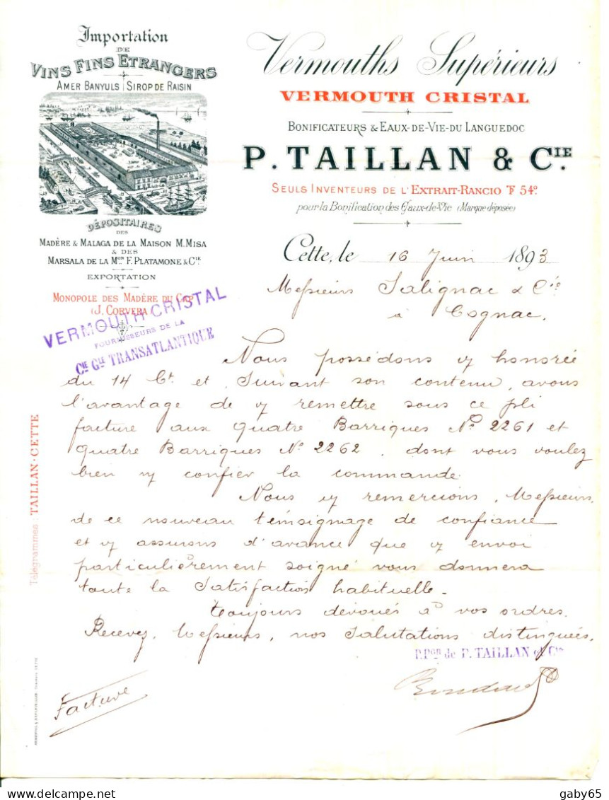FACTURE.34.CETTE.VERMOUTHS SUPERIEURS.VINS FINS ETRANGERS.P.TAILLAND & Cie INVENTEURS DE L'EXTRAIT-RANCIO. - Alimentaire