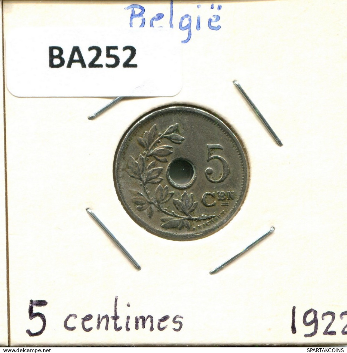 5 CENTIMES 1922 DUTCH Text BÉLGICA BELGIUM Moneda #BA252.E - 5 Cent