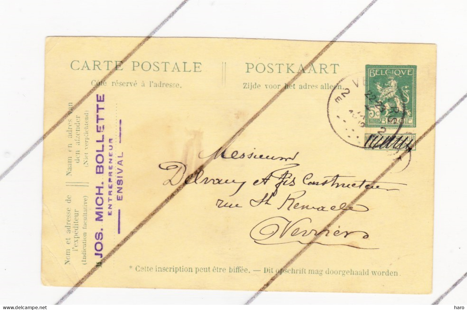 Entier Postal Avec Cachet Jos. Mich. BOLLETTE , Entrepreneur à ENSIVAL ( Verviers ) En 1912 (B336) - Verviers