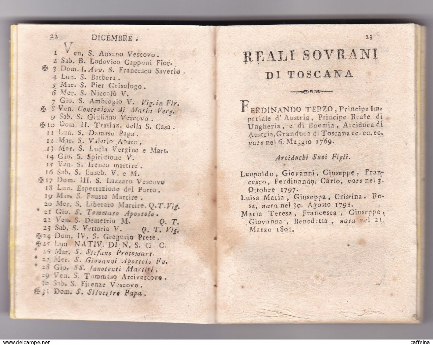 ALMANACCO DELLA TOSCANA PERL' ANNO 1815 STAMPATO NELLA STAMPERIA GRAN-DUCALE CON PREVILEGIO FIRENZE MISURE 7x15 - Libri Antichi