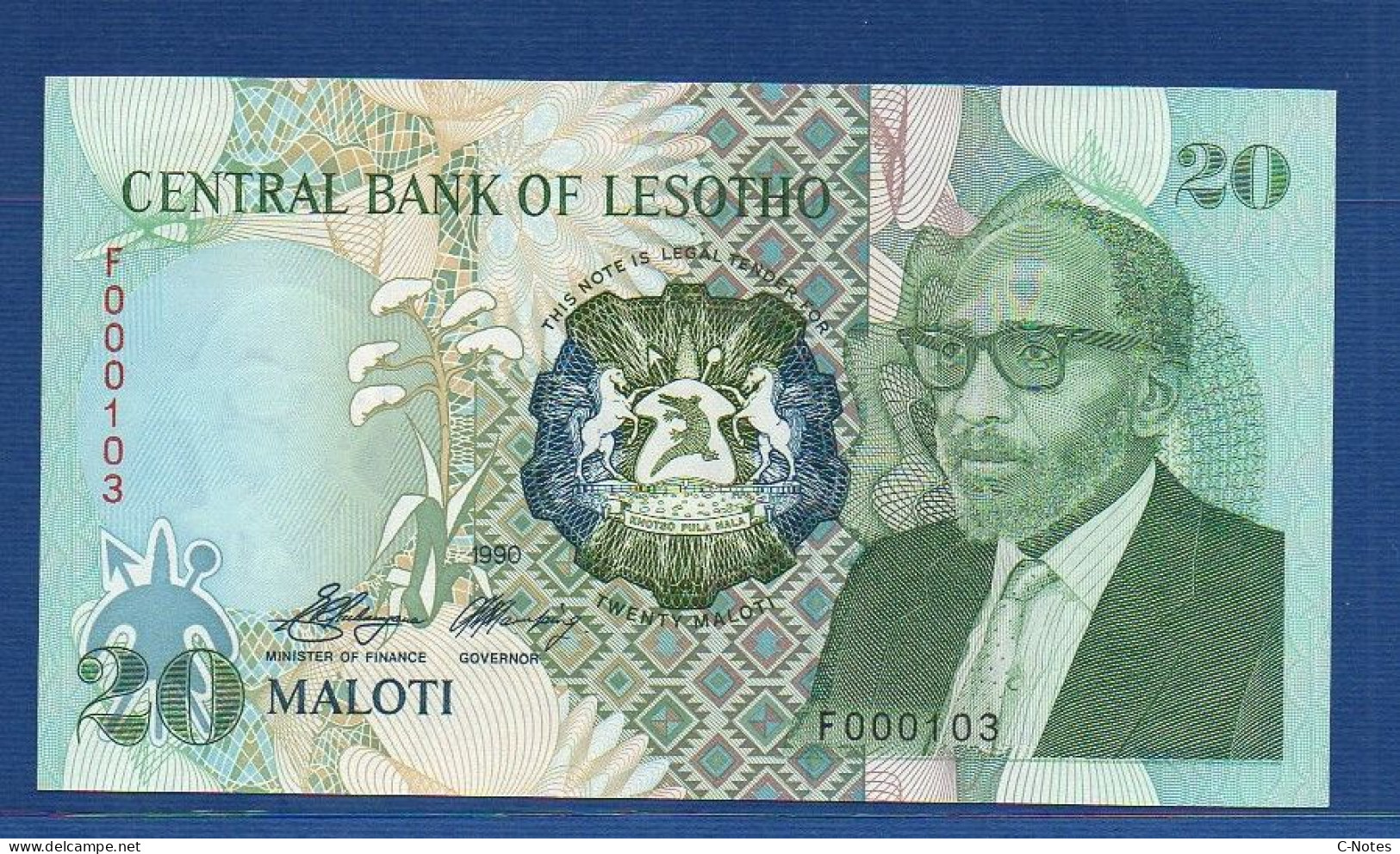 LESOTHO - P.12a – 20 Maloti 1990 UNC, S/n F000103 LOW NUMBER - Lesotho