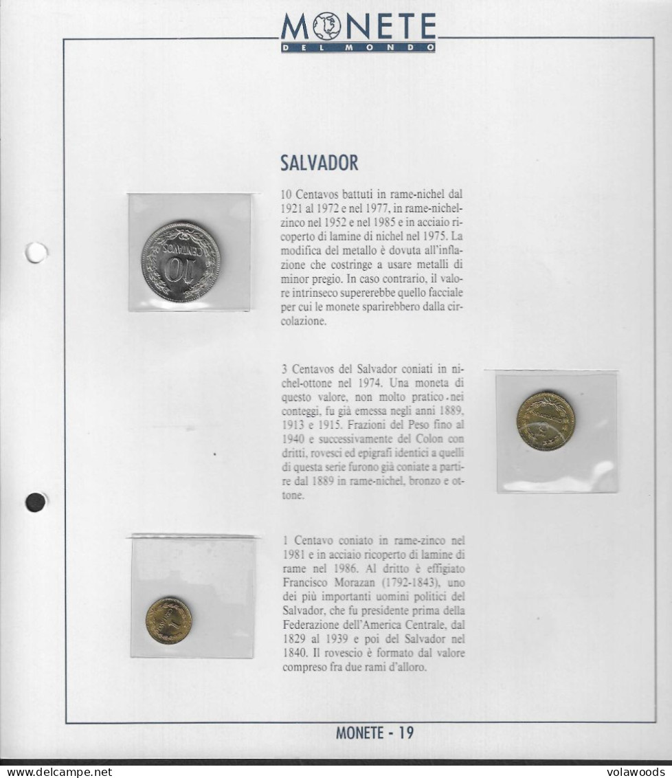 El Salvador - Monete Del Mondo - Fascicolo 19: 1 Centavo UNC 1981; 10 Centavos UNC 1974; 10 Centavos UNC 1977 - El Salvador
