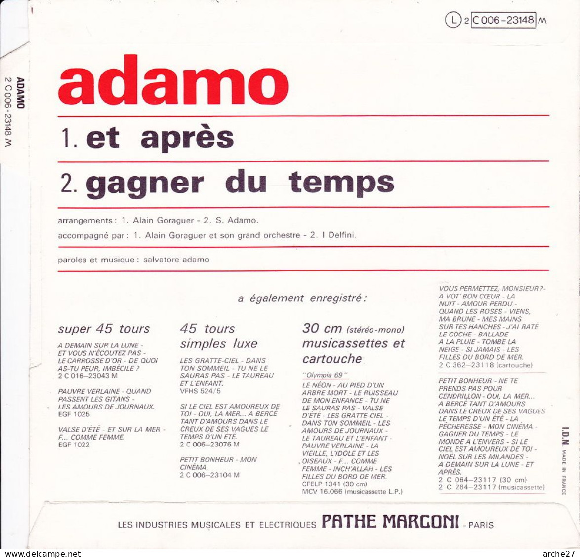 POCHETTE SP 45 TOURS (languette) ADAMO - 2C 006 23148 (sans Disque) - Accessoires, Pochettes & Cartons