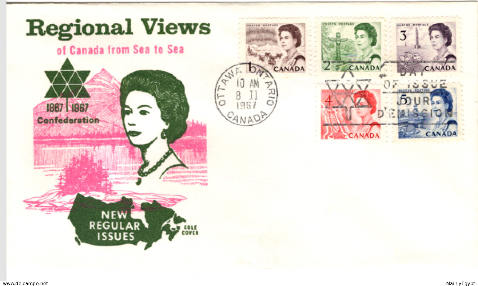 CANADA 1967- FDC - Regional Views 5 Stamps Dogs, Oil Rig, Sluice, Totem  #F091 - 1961-1970