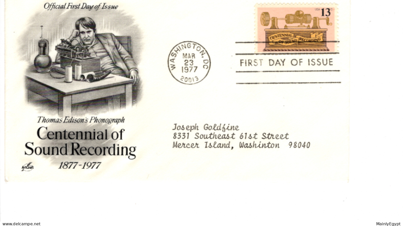 USA 1977- FDC Centennial Of Sound Recording, Radio, Thomas Edison #F095 - 1971-1980