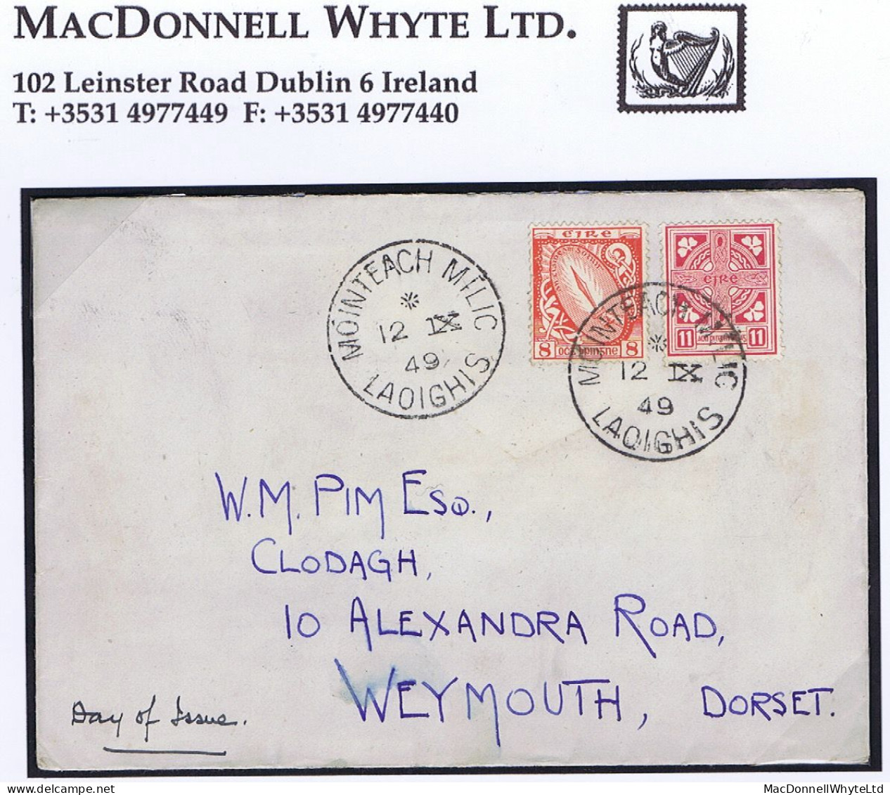 Ireland 1949 E Wmk Definitives 8d And 11d On Plain First Day Cover, Neat Mountmellick Cds MOINTEACH MILIC 12 IX 49 - FDC
