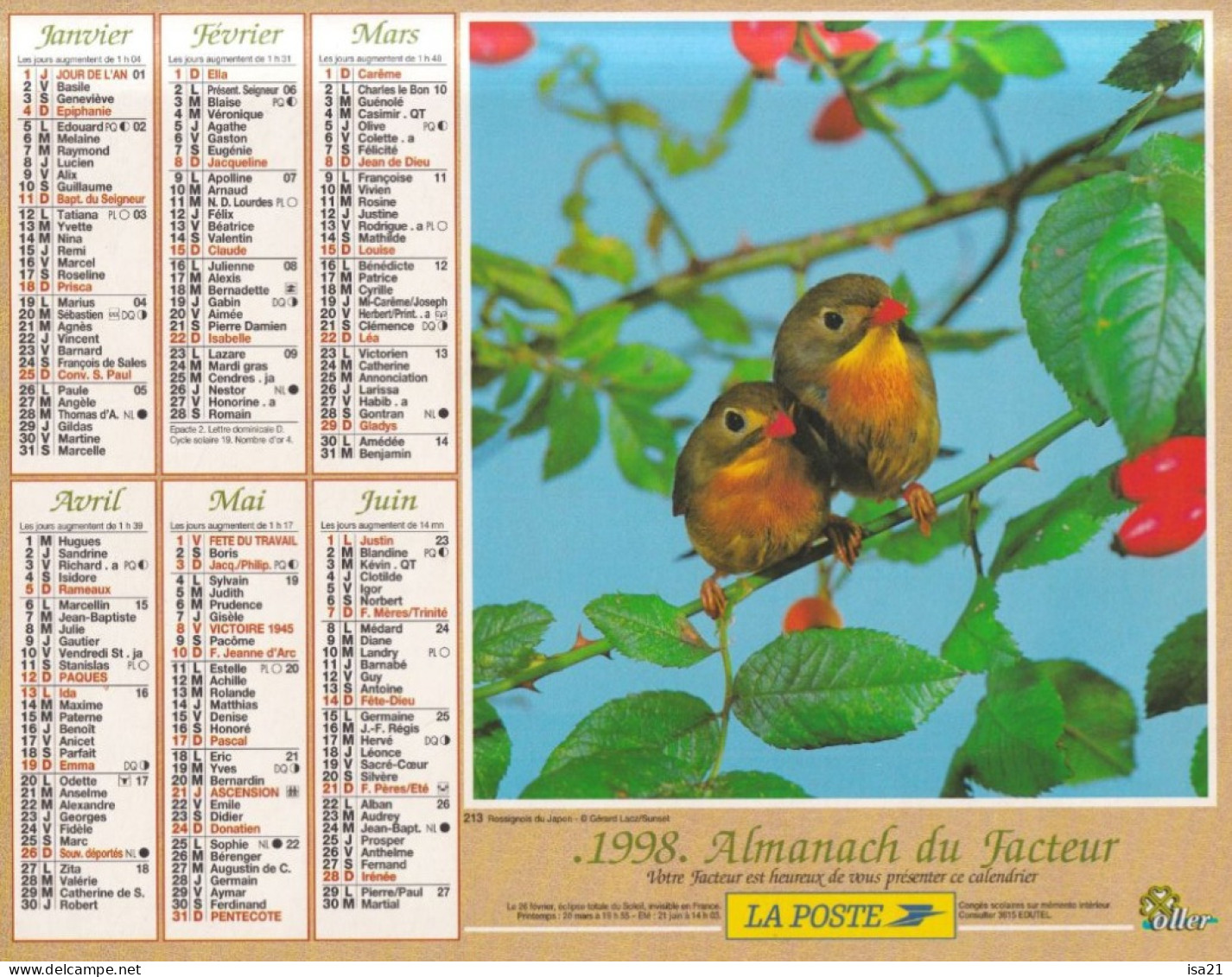 Almanach Du Facteur, Calendrier De La Poste, 1998: JURA: Rossignols Du Japon, Canaris. - Grand Format : 1991-00