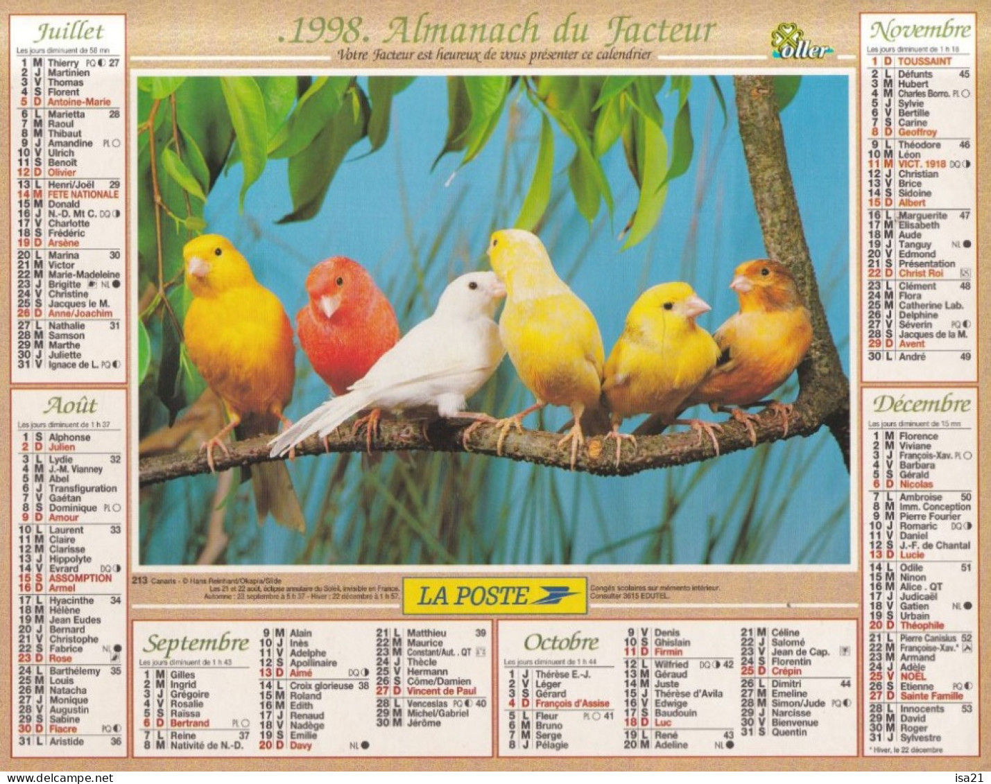 Almanach Du Facteur, Calendrier De La Poste, 1998: JURA: Rossignols Du Japon, Canaris. - Tamaño Grande : 1991-00