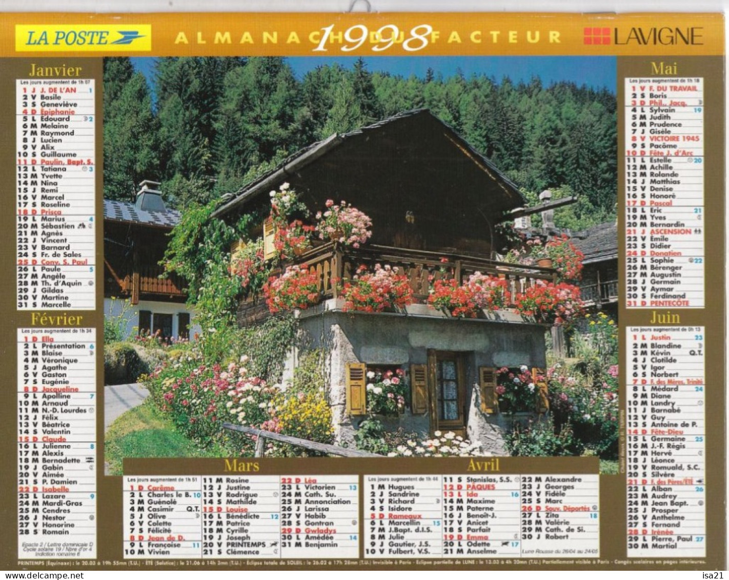 Almanach Du Facteur, Calendrier De La Poste, 1998: JURA: Chalet Fleuri, Alpage Des Aravis Près De La Clusaz. - Tamaño Grande : 1991-00