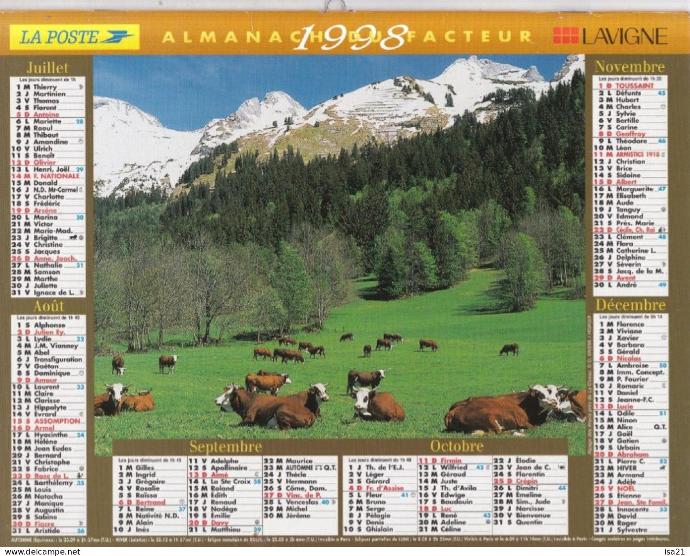 Almanach Du Facteur, Calendrier De La Poste, 1998: JURA: Chalet Fleuri, Alpage Des Aravis Près De La Clusaz. - Grand Format : 1991-00