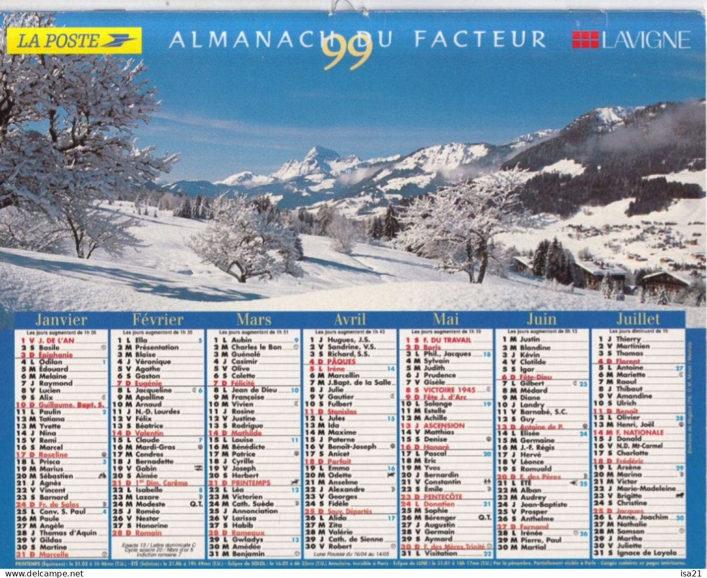 Almanach Du Facteur, Calendrier De La Poste, 1999: JURA: Environs De Megève (74), Anémones Et Aiguilles D'Arve (73). - Grand Format : 1991-00