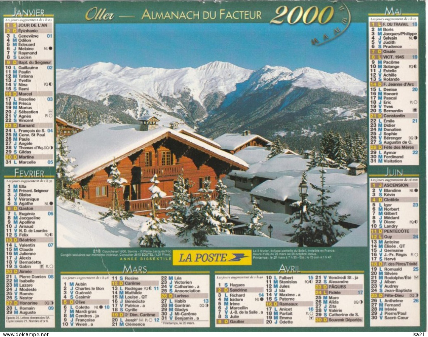 Almanach Du Facteur, Calendrier De La Poste, 2000: JURA: Courchevel (73), Chaîne Des Fiz (74). - Formato Grande : 1991-00