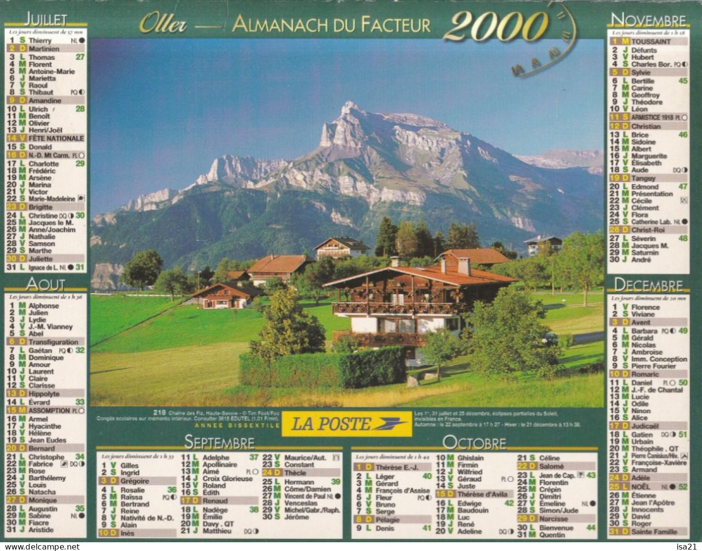 Almanach Du Facteur, Calendrier De La Poste, 2000: JURA: Courchevel (73), Chaîne Des Fiz (74). - Grand Format : 1991-00