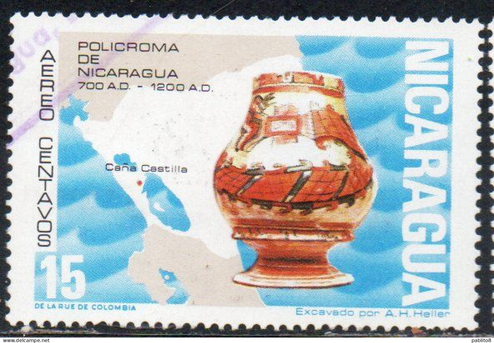 NICARAGUA 1972 AIR POST MAIL AIRMAIL PRE-COLUMBIAN CERAMICS CERAMIC FIGURE MAP 15c USED USATO OBLITERE' - Nicaragua