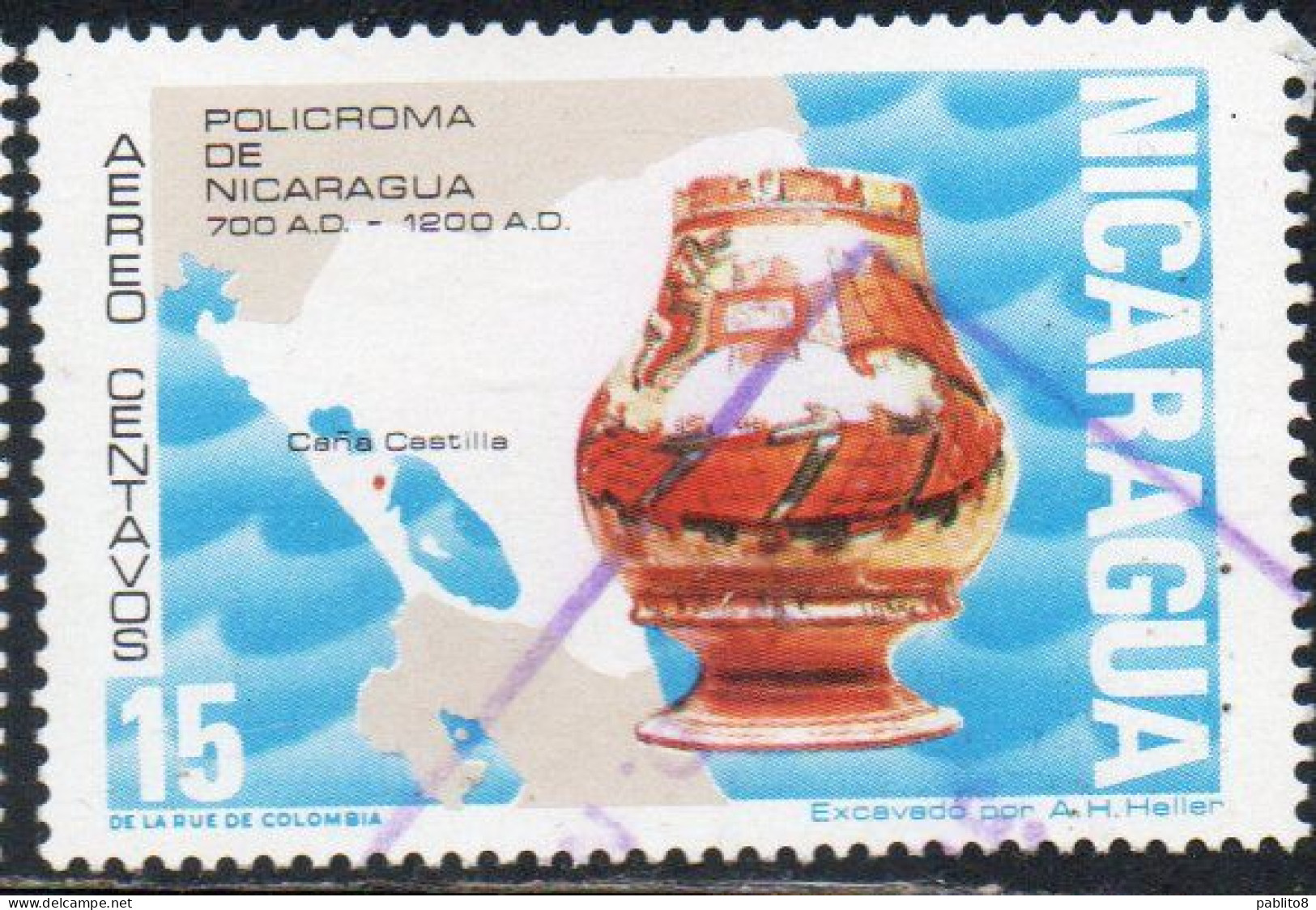 NICARAGUA 1972 AIR POST MAIL AIRMAIL PRE-COLUMBIAN CERAMICS CERAMIC FIGURE MAP 15c USED USATO OBLITERE' - Nicaragua