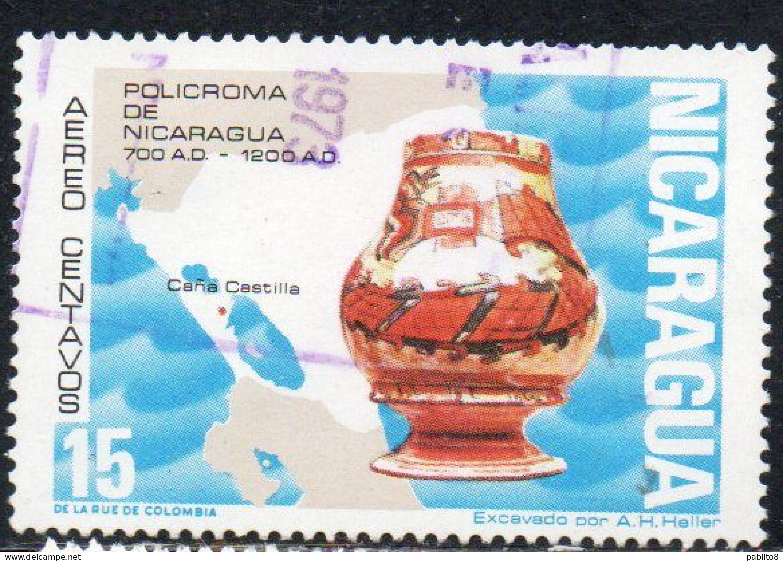 NICARAGUA 1972 AIR POST MAIL AIRMAIL PRE-COLUMBIAN CERAMICS CERAMIC FIGURE MAP 15c USED USATO OBLITERE' - Nicaragua