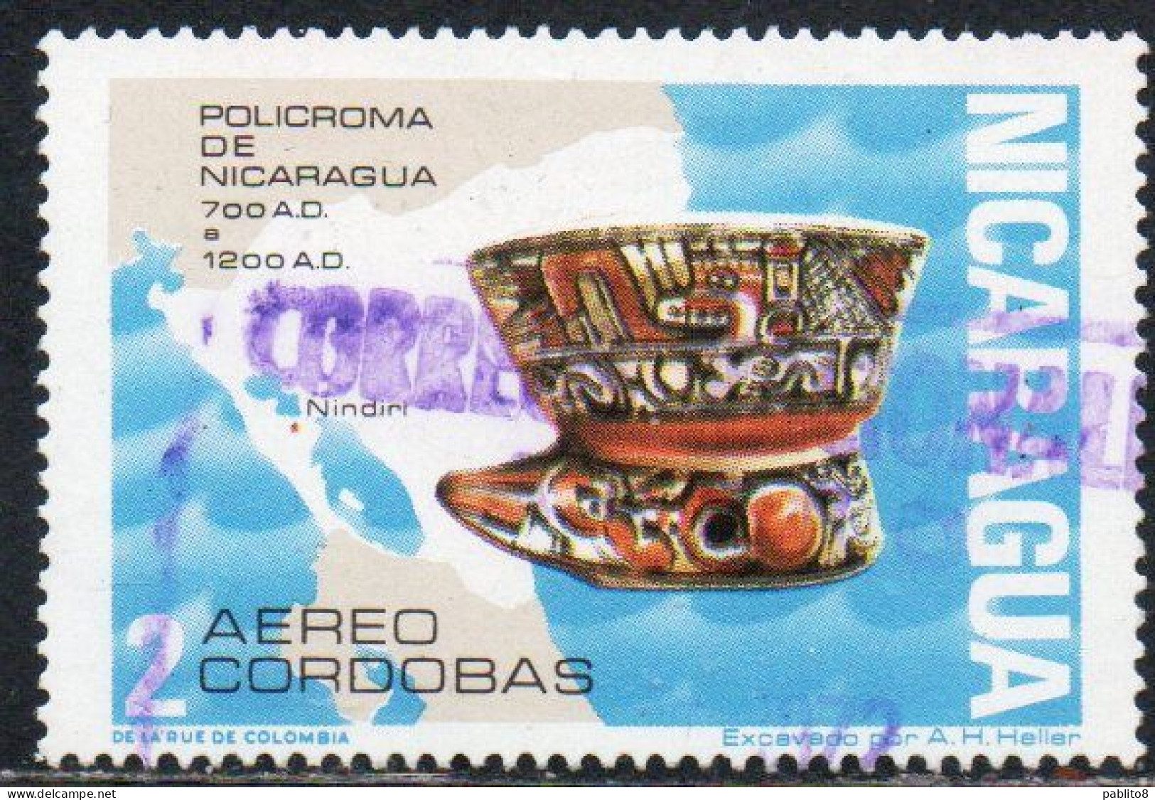 NICARAGUA 1972 AIR POST MAIL AIRMAIL PRE-COLUMBIAN CERAMICS CERAMIC FIGURE MAP 2cor USED USATO OBLITERE' - Nicaragua