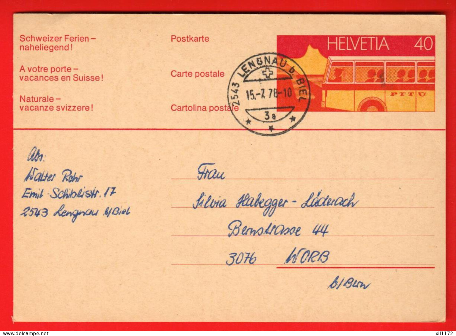 HA2-30 Entier Postal Ganzsache Helvetia 40 Rp Postauto. Gelaufen 1978  Lengnau Bei Biel Nach Worb - Entiers Postaux