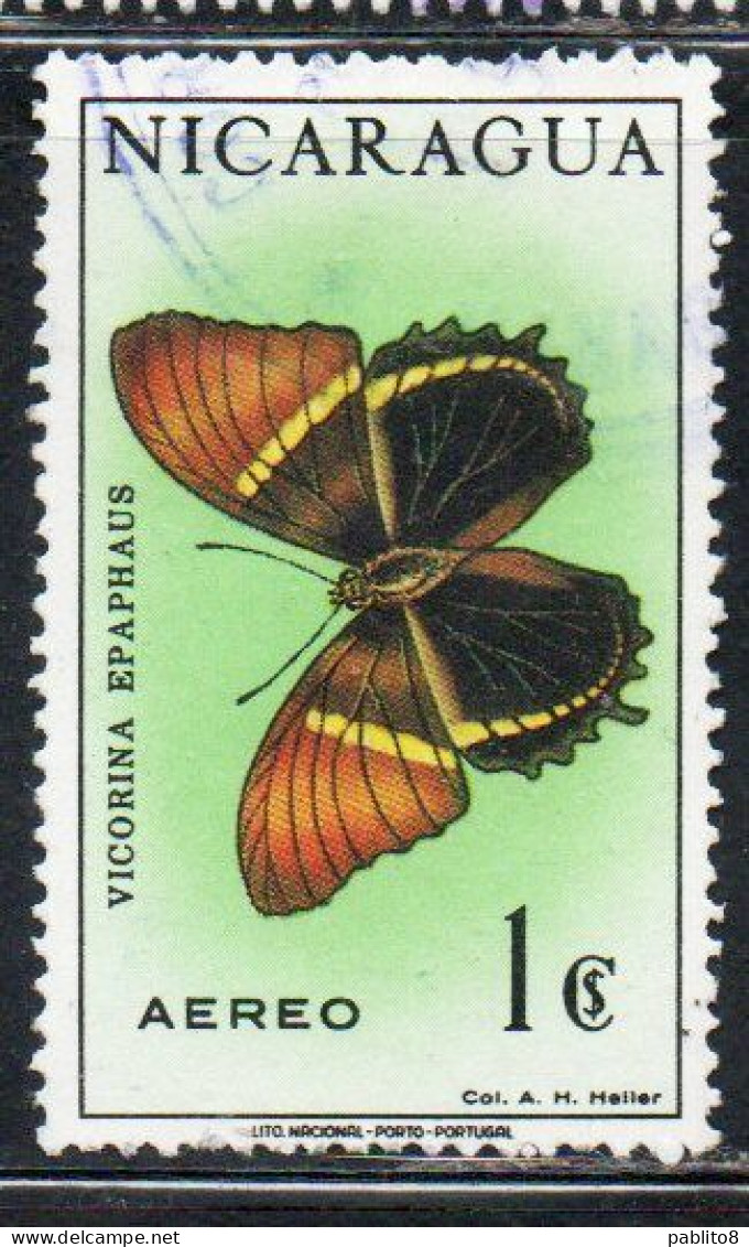 NICARAGUA 1967 AIR POST MAIL AIRMAIL BUTTERFLIES FARFALLE BUTTERFLY VICORINA EPAPHAUS 1cor USED USATO OBLITERE' - Nicaragua