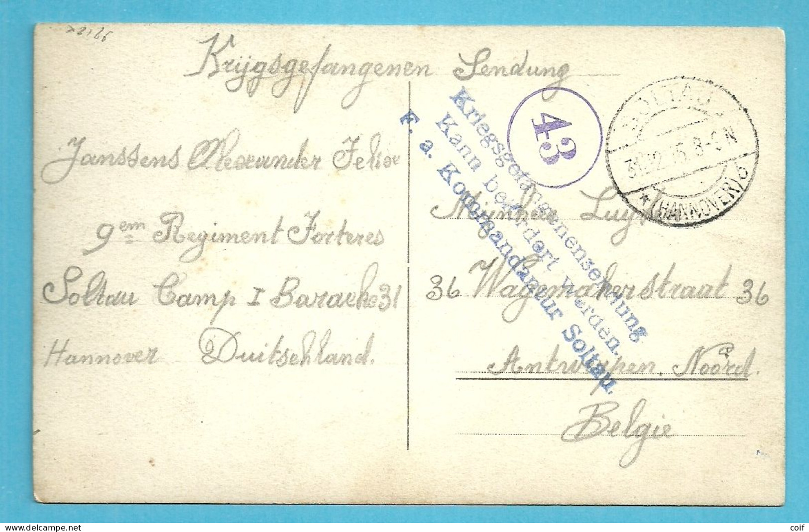 Foto-kaart (Soldat-Belge) Van SOLTAU Met Stempel GEPRUFT, Naar ANTWERPEN - Kriegsgefangenschaft