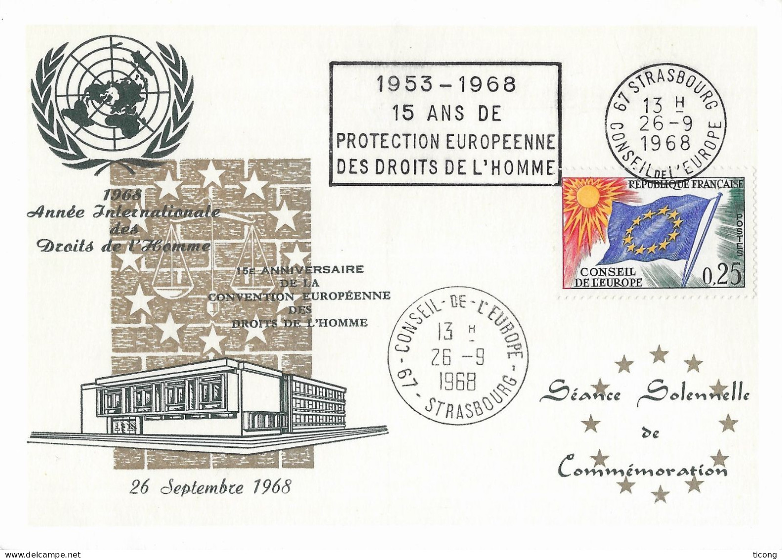 DRAPEAU DE L EUROPE, FLAMME CONSEIL DE L EUROPE STRASBOURG FRANCE 1953 1968 15 ANS DE PROTECTION EUROPEENNE... - Covers