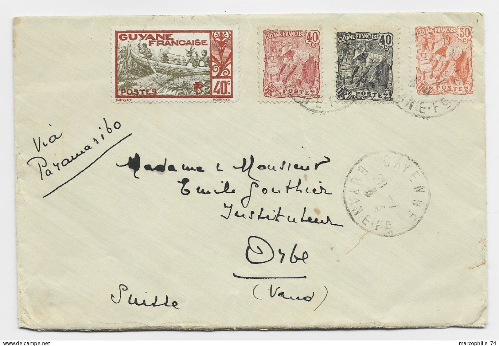 GUYANE 40C+ 30C+40CX2 LETTRE COVER CAYENNE 1934 POUE SUISSE VIA PARAMARIBO - Lettres & Documents