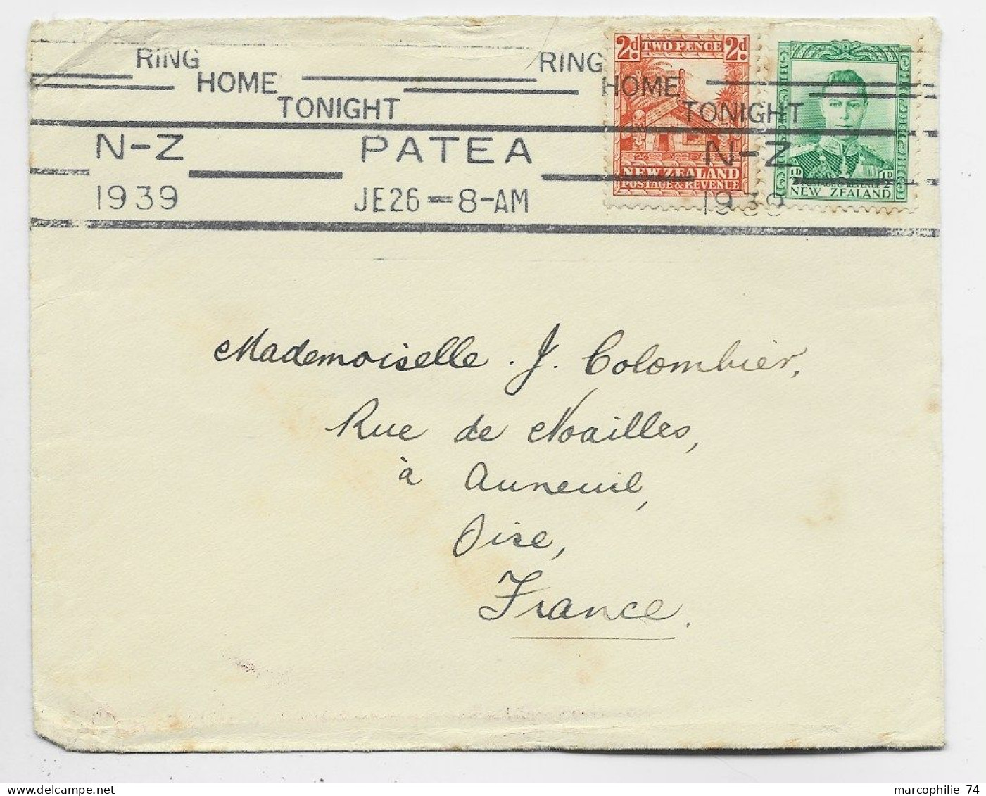 NEW ZEALAND 2D+ 1/2D LETTRE COVER MECANIQUE RING HOME TONIGHT PATEA 1939 JE 26 TO FRANCE - Cartas & Documentos