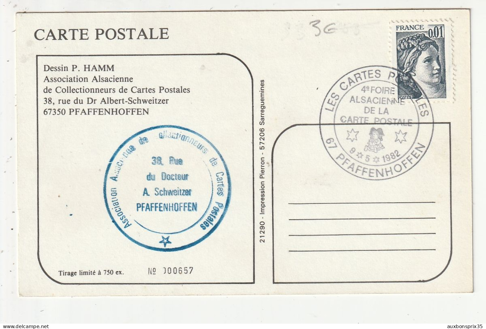 4ème FOIRE ALSACIENNE DE LA CARTE POSTALE ET DU VIEUX PAPIER DE COLLECTION LE 9 MAI 1982 - DESSIN P. HAMM - N° 657 - Collector Fairs & Bourses