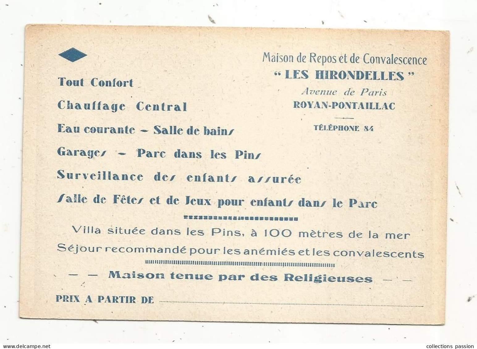Carte De Visite , Maison De Repos Et De Convalescence LES HIRONDELLES , 17, ROYAN-PONTAILLAC , Photo Au Verso, 2 Scans - Visitenkarten