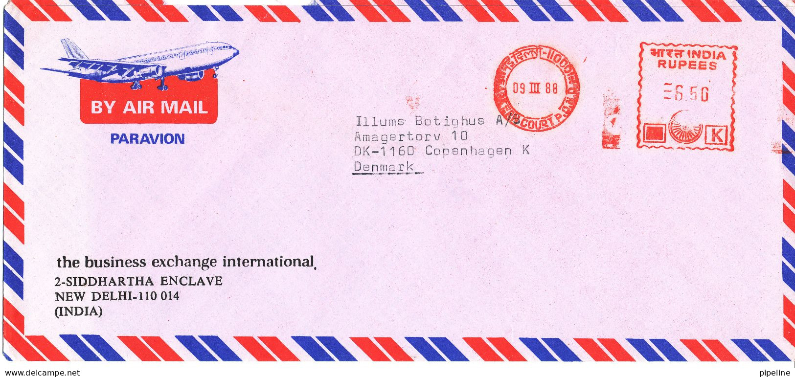 India Air Mail Cover With Meter Cancel Sent To Denmark 9-3-1988 - Corréo Aéreo