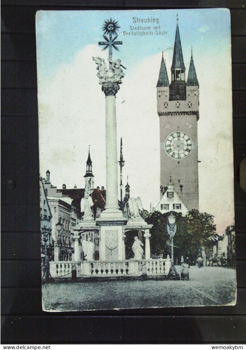 DR: Ansichtskarte Von Straubing - Stadtturm Mit Dreifältigkeits-Säule Vom 27.4.19 Nach Hartmannsdorf - Ohne BM - Straubing