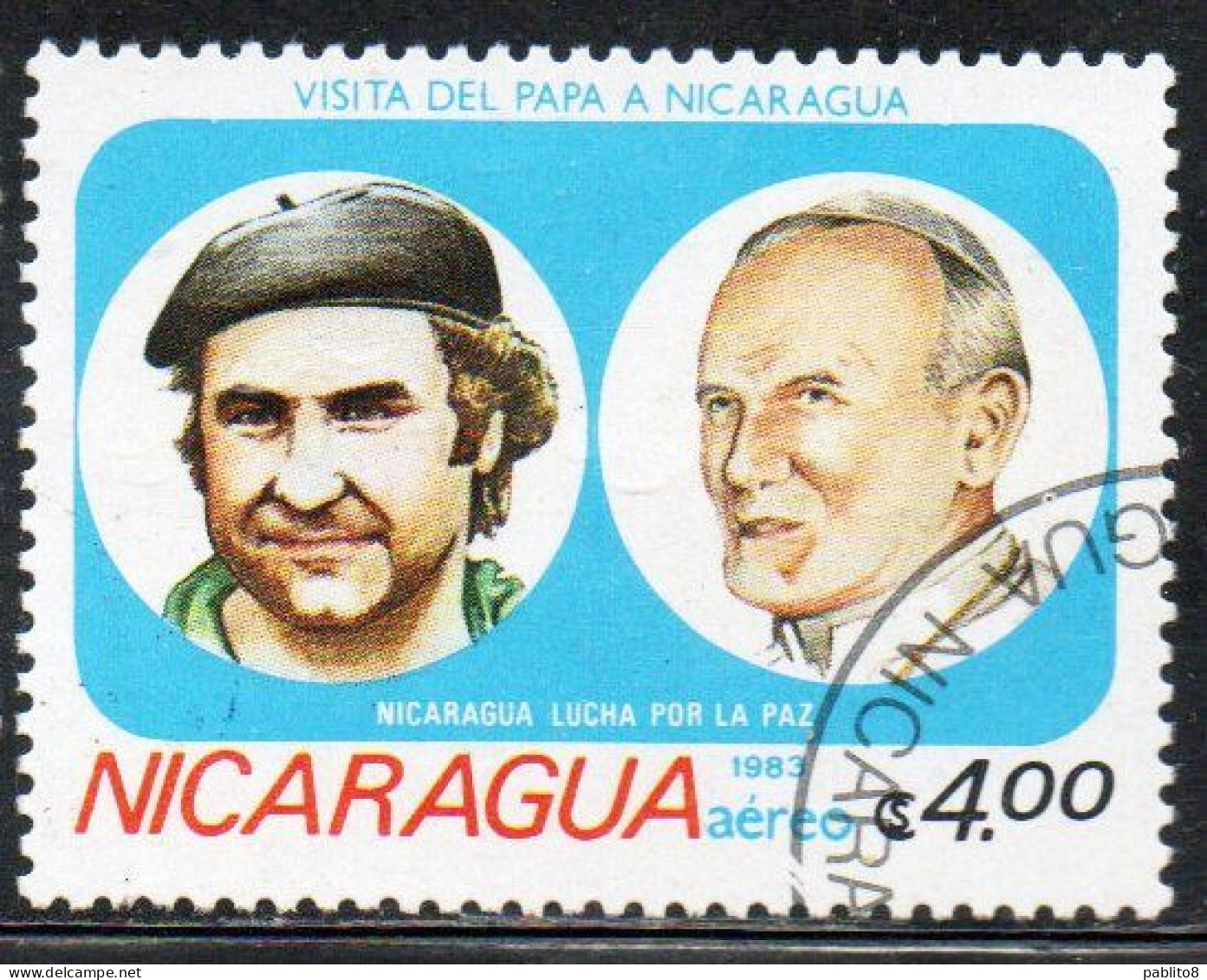 NICARAGUA 1983 AIR POST MAIL AIRMAIL VISIT OF POPE JOHN PAUL II PRESIDENT RAFAEL RIVA 4cor USED USATO OBLITERE' - Nicaragua