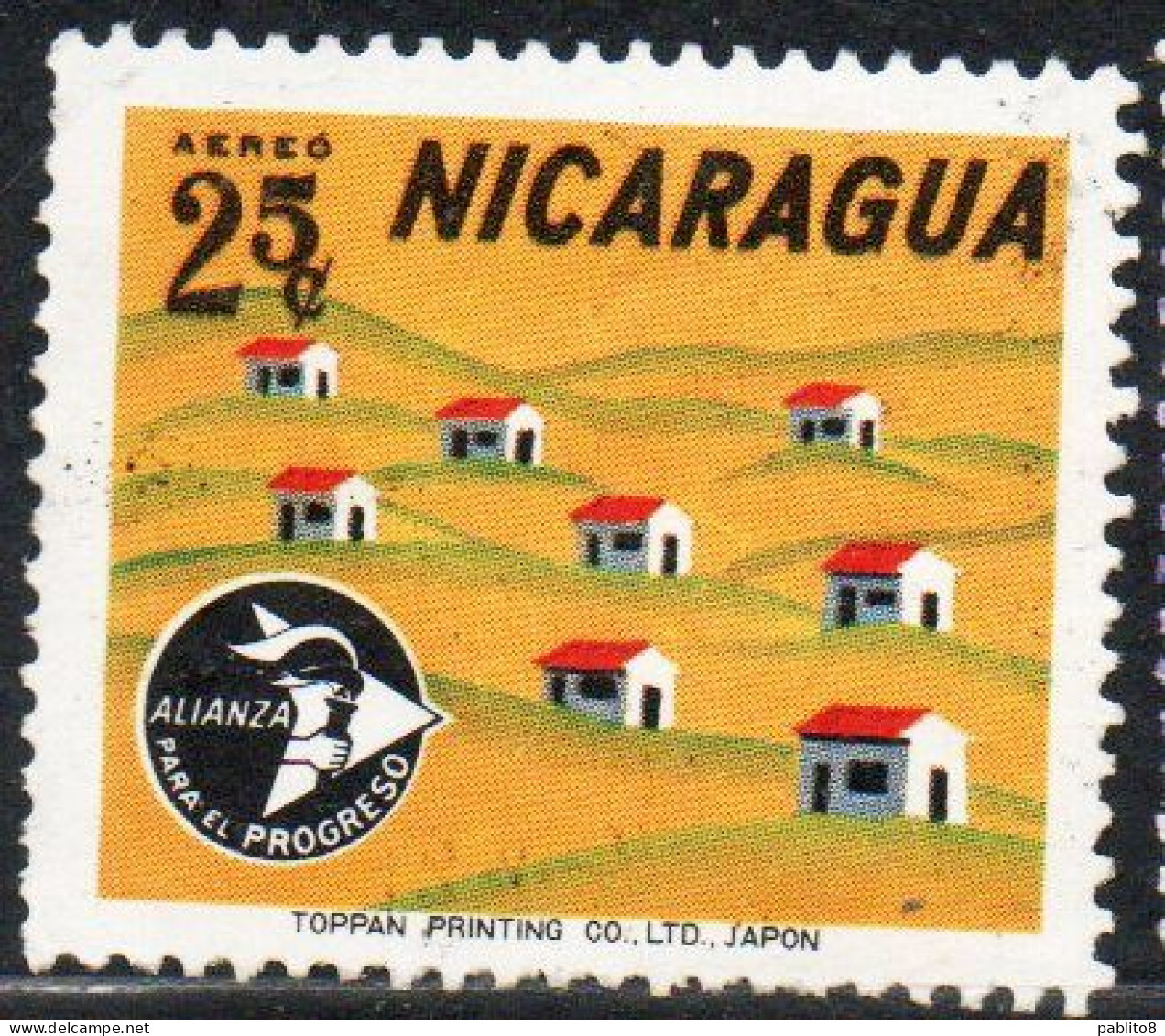 NICARAGUA 1964 AIR POST MAIL AIRMAIL ALLIANCE FOR PROGRESS ALIANZA HOUSING DEVELOPMENT 25c USED USATO OBLITERE' - Nicaragua