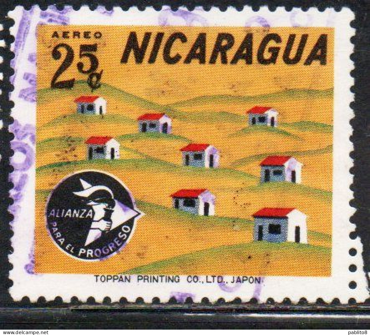 NICARAGUA 1964 AIR POST MAIL AIRMAIL ALLIANCE FOR PROGRESS ALIANZA HOUSING DEVELOPMENT 25c USED USATO OBLITERE' - Nicaragua