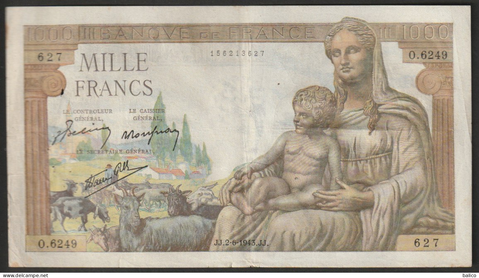 Billet De 1000 Francs - Déesse DEMETER  - 2-6-1943  France  - N° O.6249  627 - 1 000 F 1942-1943 ''Déesse Déméter''