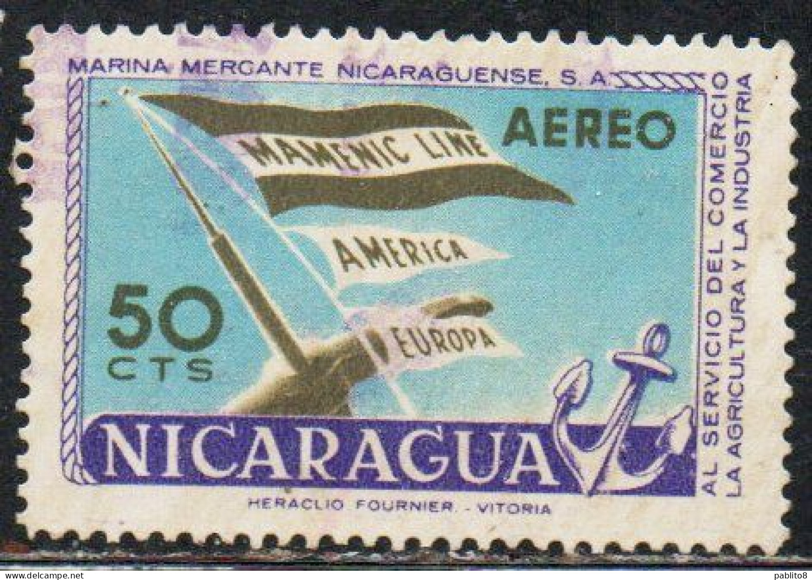NICARAGUA 1957 AIR POST MAIL AIRMAIL MERCHANT MARINE MARINA MERCANTE MAMENIC LINE 50c USED USATO OBLITERE' - Nicaragua